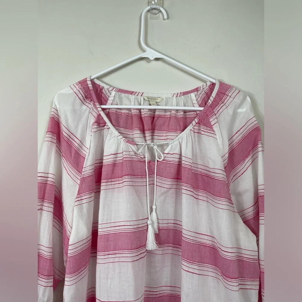 Sonoma Life Style Pink 3/4 Sleeve Blouse Lace Up Women's Pink White Strip Sz 1X - Picture 5 of 12